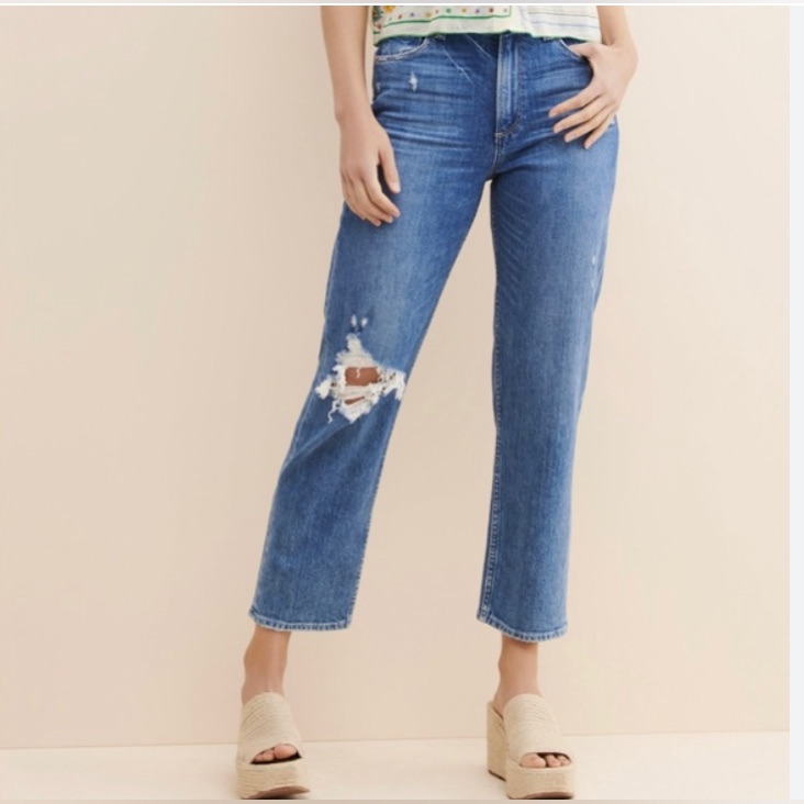 Paige High Rise Straight Leg Distressed Medium Wash Jeans Size 31 Blue Denim